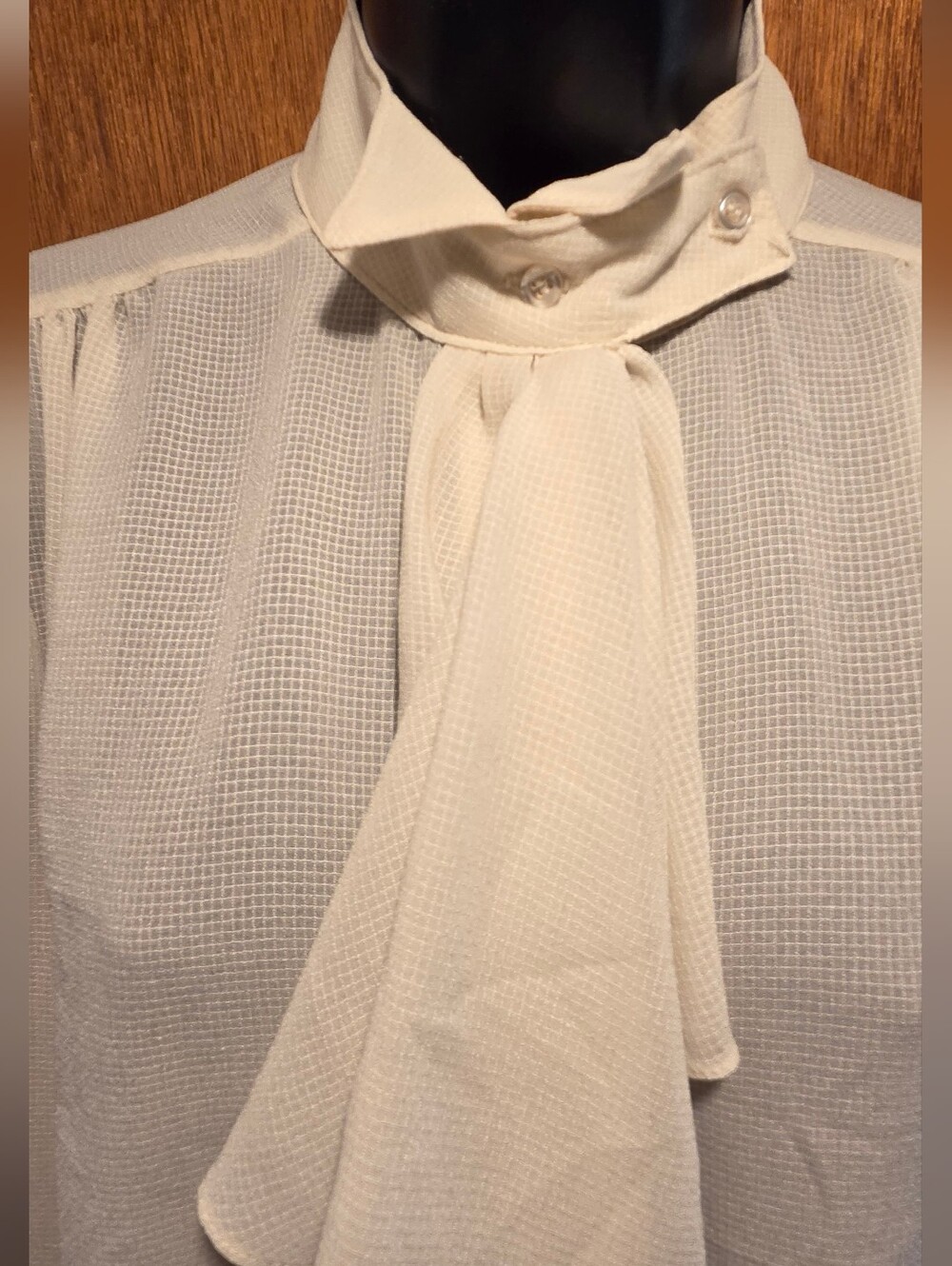 Cream Tie-Neck Blouse Classic Women's Vintage Sheer Top SzM - Picture 4 of 7